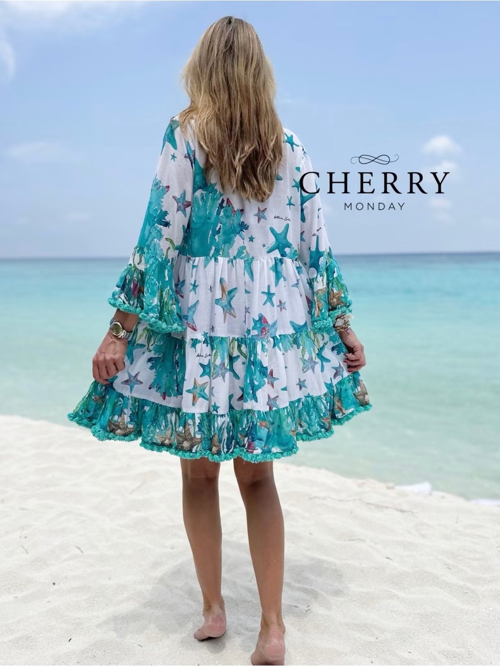 White Tunic with Turquoise Starfish Print and V-Neck